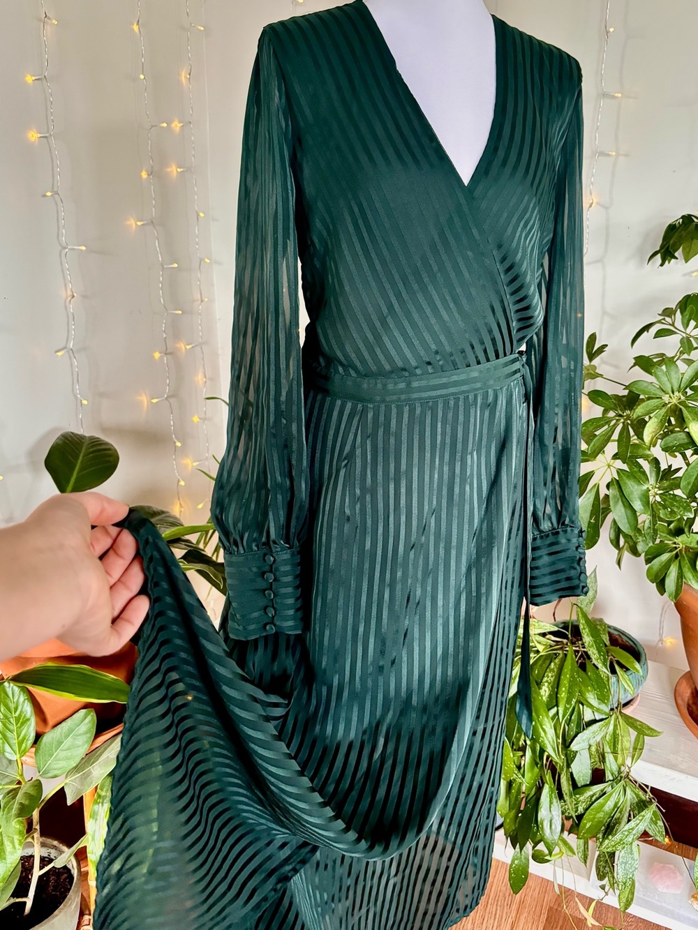 XL Bardot Emerald Green Striped Wrap Midi Dress Button Cuff Side Tie US 12